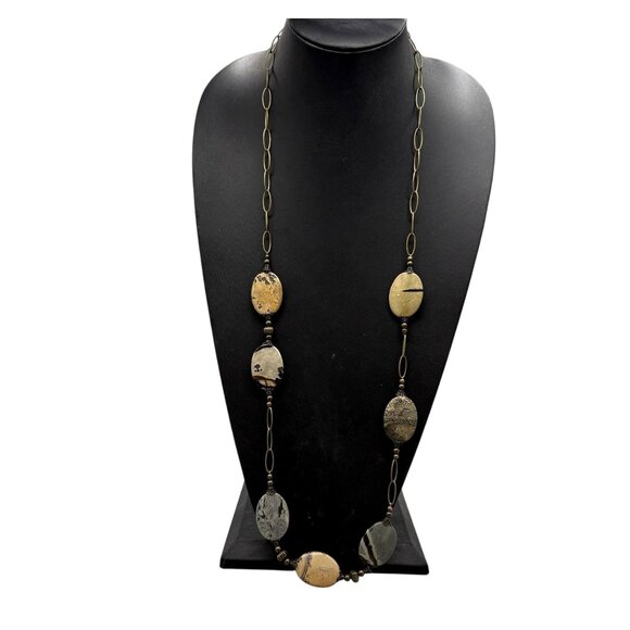 Vintage Necklace Jasper Stones Long Chain Boho Gold Tone 38 inches - Picture 1 of 6